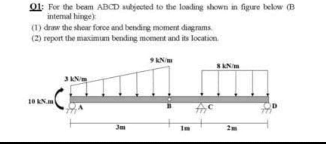 01: For the beam ABCD subjected to the loading shown in figure below (B
intemal hinge)
(1) draw the shear foroce and bending moment diagrams.
(2) report the maximum bending moment and its location.
9 KN/m
8 KN/m
3 KN/m
10 KN.m
3m
Im
2m
