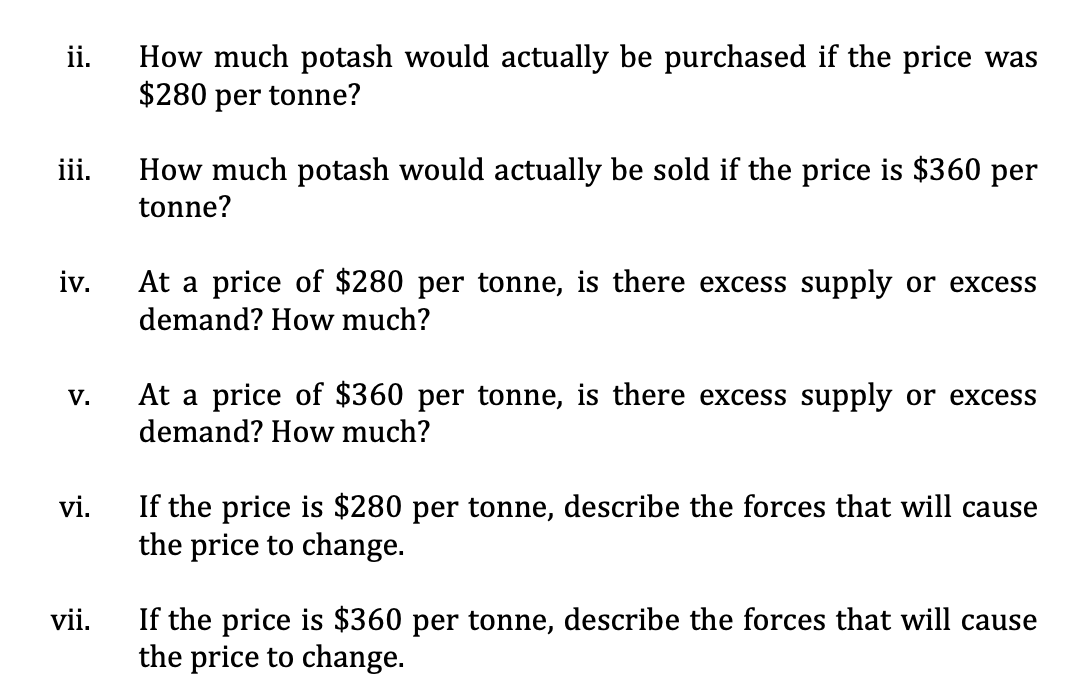 ii.
iii.
iv.
V.
vi.
vii.
How much potash would actually be purchased if the price was
$280 per tonne?
How much potash would actually be sold if the price is $360 per
tonne?
At a price of $280 per tonne, is there excess supply or excess
demand? How much?
At a price of $360 per tonne, is there excess supply or excess
demand? How much?
If the price is $280 per tonne, describe the forces that will cause
the price to change.
If the price is $360 per tonne, describe the forces that will cause
the price to change.