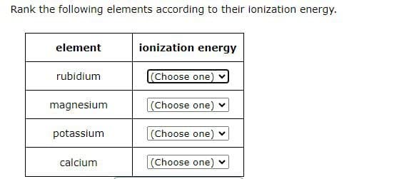 Rank the following elements according to their ionization energy.
element
ionization energy
rubidium
(Choose one)
magnesium
(Choose one)
potassium
(Choose one) ✓
calcium
(Choose one)