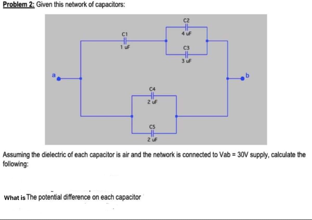 Problem 2: Given this network of capacitors:
C2
C1
4 uF
1 uF
C3
3 uF
C4
2 uF
C5
2 uF
Assuming the dielectric of each capacitor is air and the network is connected to Vab = 30V supply, calculate the
following:
What is The potential difference on each capacitor
