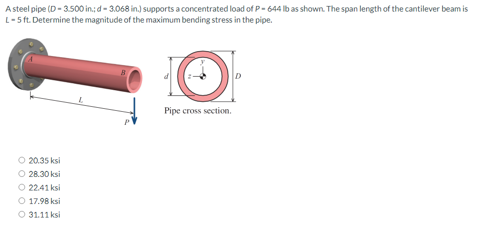 A
steel pipe (D = 3.500 in.; d = 3.068 in.) supports a concentrated load of P = 644 lb as shown. The span length of the cantilever beam is
L = 5 ft. Determine the magnitude of the maximum bending stress in the pipe.
20.35 ksi
28.30 ksi
22.41 ksi
O 17.98 ksi
O 31.11 ksi
L
B
Pipe cross section.