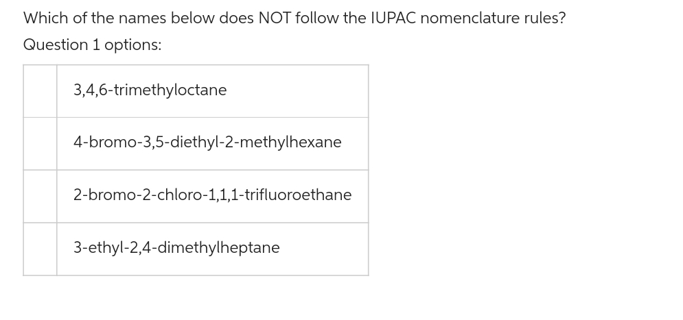 Which of the names below does NOT follow the IUPAC nomenclature rules?
Question 1 options:
3,4,6-trimethyloctane
4-bromo-3,5-diethyl-2-methylhexane
2-bromo-2-chloro-1,1,1-trifluoroethane
3-ethyl-2,4-dimethylheptane