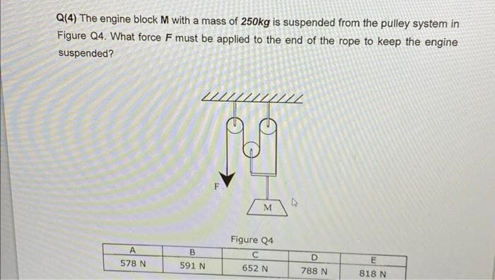 Q(4) The engine block M with a mass of 250kg is suspended from the pulley system in
Figure Q4. What force F must be applied to the end of the rope to keep the engine
suspended?
F
M
Figure Q4
A
578 N
B
C
D
E
591 N
652 N
788 N
818 N