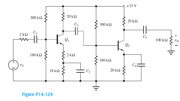 +15 V
300 k2
20 k2
20 k2
C3
300 k2
2 k2
C5
100 k2
vo
180 k2
2 k2
180 k2
Us
18 k2
C2
20 k2
Figure P14.124
