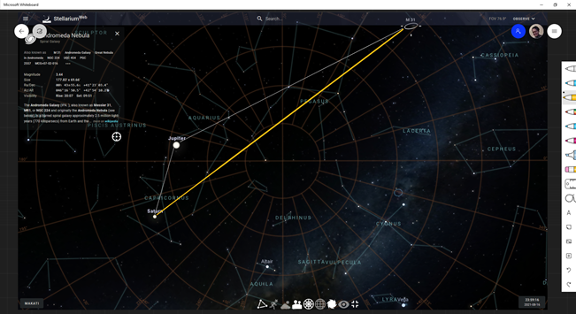 Mo w
Stellarium
Q Search
FOV
TOR
dromeda Nebula
CASSIOPEIA
AQUARIUS
STRINUS
LADETA
Jupiter
CEPREUS
CAPICOs
Sai
A
DELAHINUS
CYONUS
Atair
SAGITTAVULPECA
AQUELA
LYRAVd
MAEATI

