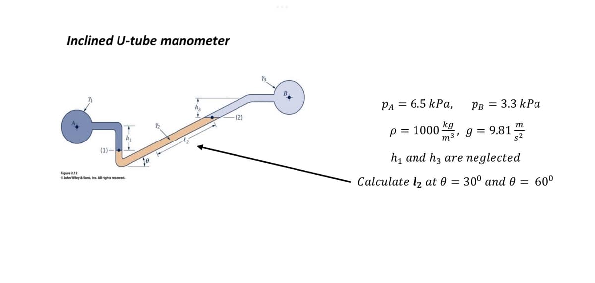 Inclined U-tube manometer
(1)-
Figure
2.12
© John Wiley & Sons, Inc. All rights reserved.
12
ha
(2)
PA = 6.5 kPa,
p = 1000
kg
PB = 3.3 kPa
m3 99.81.
m
s²
h₁ and h3 are neglected
Calculate 12 at 0 = 30° and 0 = 60°