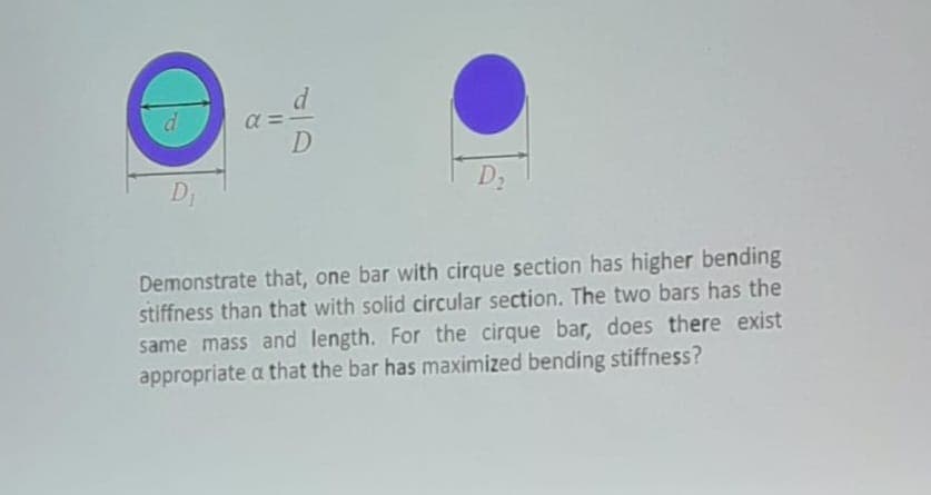 d
D₁
a
D
D₂
Demonstrate that, one bar with cirque section has higher bending
stiffness than that with solid circular section. The two bars has the
same mass and length. For the cirque bar, does there exist
appropriate a that the bar has maximized bending stiffness?