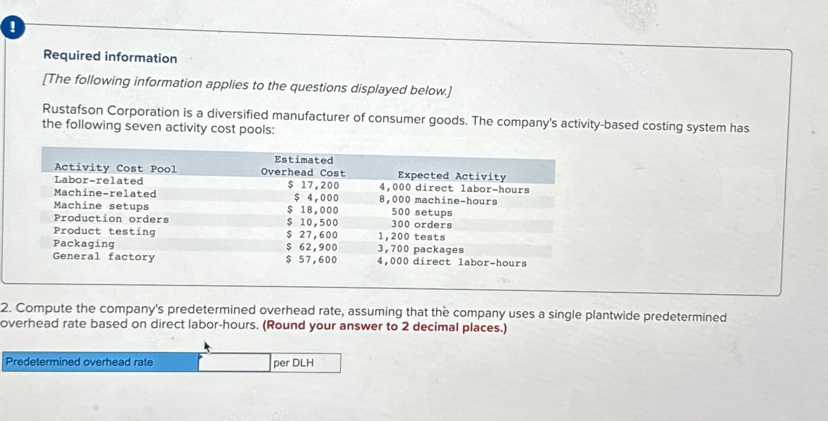 O
Required information
[The following information applies to the questions displayed below.]
Rustafson Corporation is a diversified manufacturer of consumer goods. The company's activity-based costing system has
the following seven activity cost pools:
Activity Cost Pool
Labor-related
Machine-related
Machine setups
Production orders
Product testing
Packaging
General factory
Estimated
Overhead Cost
$ 17,200
$ 4,000
$ 18,000
$ 10,500
$ 27,600
$ 62,900
$ 57,600
Predetermined overhead rate
Expected Activity
4,000 direct labor-hours
8,000 machine-hours
per DLH
500 setups
300 orders
2. Compute the company's predetermined overhead rate, assuming that the company uses a single plantwide predetermined
overhead rate based on direct labor-hours. (Round your answer to 2 decimal places.)
1,200 tests
3,700 packages
4,000 direct labor-hours