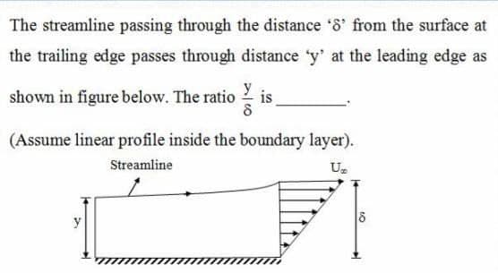 The streamline passing through the distance '8' from the surface at
the trailing edge passes through distance 'y' at the leading edge as
y
shown in figure below. The ratio is
(Assume linear profile inside the boundary layer).
Streamline
U
y
10