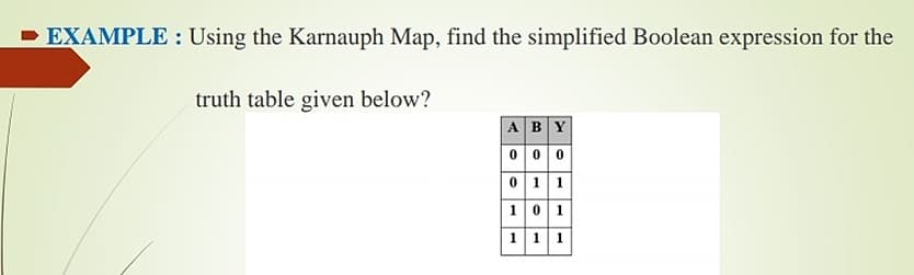 - EXAMPLE : Using the Karnauph Map, find the simplified Boolean expression for the
truth table given below?
|ABY
000
0 11
101
111

