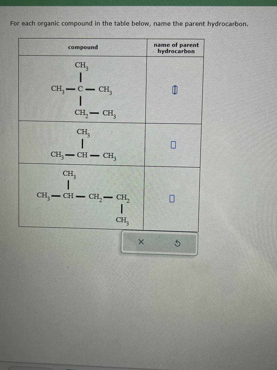 For each organic compound in the table below, name the parent hydrocarbon.
compound
CH3
CH₂-C- CH₂
CH₂ - CH₂
CH3
1
CH3-CH-CH3
CH
I
CH₂-CH-CH₂ - CH₂
CH
name of parent
hydrocarbon
A