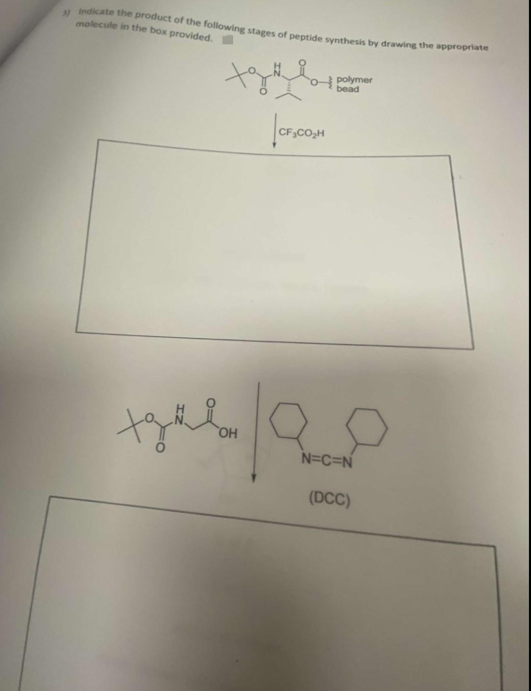 3) Indicate the product of the following stages of peptide synthesis by drawing the appropriate
molecule in the box provided.
polymer
bead
CF CO2H
HO.
N=C=N
(DCC)
