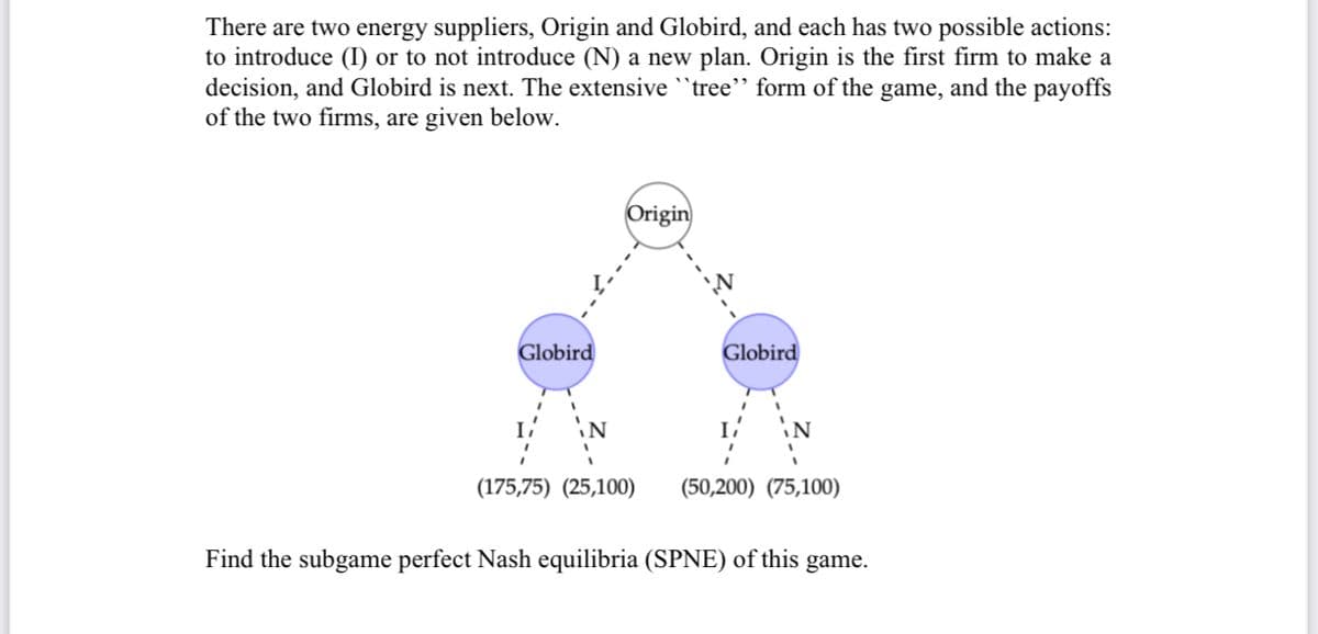 There are two energy suppliers, Origin and Globird, and each has two possible actions:
to introduce (I) or to not introduce (N) a new plan. Origin is the first firm to make a
decision, and Globird is next. The extensive "tree" form of the game, and the payoffs
of the two firms, are given below.
Globird
Origin
(175,75) (25,100)
Globird
(50,200) (75,100)
Find the subgame perfect Nash equilibria (SPNE) of this game.