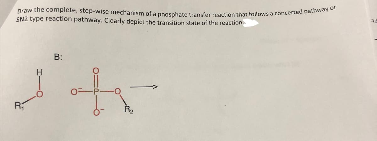 Draw the complete, step-wise mechanism of a phosphate transfer reaction that follows a concerted pathway or
SN2 type reaction pathway. Clearly depict the transition state of the reaction..
R₁
B:
ti
R2
ert