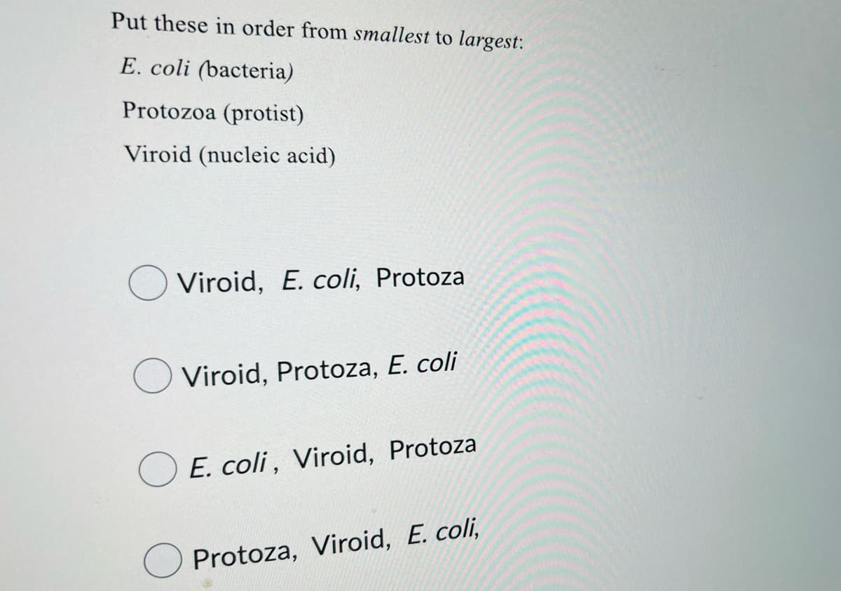 Put these in order from smallest to largest:
E. coli (bacteria)
Protozoa (protist)
Viroid (nucleic acid)
Viroid, E. coli, Protoza
Viroid, Protoza, E. coli
E. coli, Viroid, Protoza
Protoza, Viroid, E. coli,