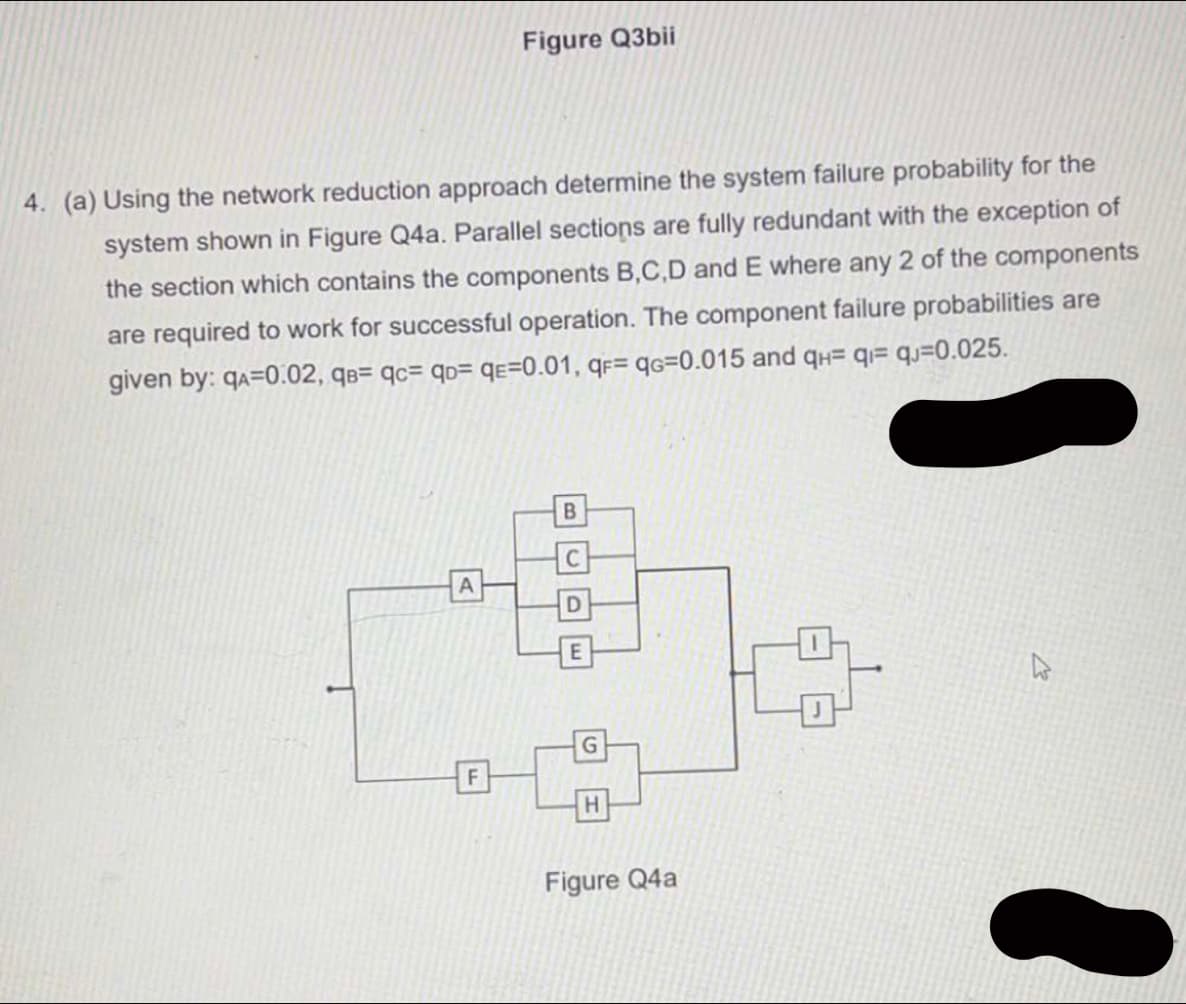 Figure Q3bii
4. (a) Using the network reduction approach determine the system failure probability for the
system shown in Figure Q4a. Parallel sections are fully redundant with the exception of
the section which contains the components B,C,D and E where any 2 of the components
are required to work for successful operation. The component failure probabilities are
given by: qA=0:02, qb= qc= qb= qe=0.01, q= qG=0.015 and qH= q q=0.025.
B
C
A
D
F
E
H
Figure Q4a