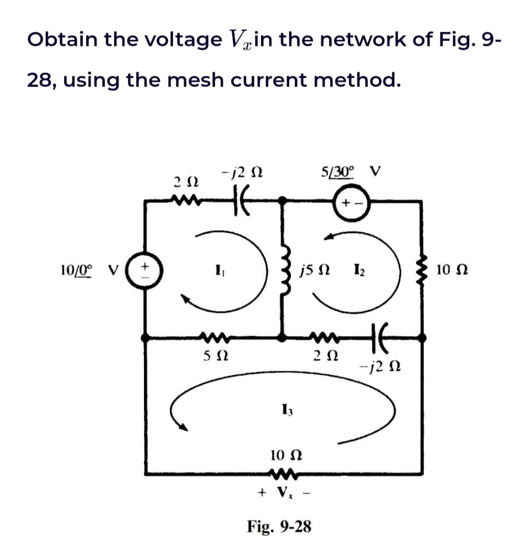 Obtain the voltage Vin the network of Fig. 9-
28, using the mesh current method.
-j2 N
5/30° V
10/0° V
j5 N I2
10 N
5 Ω
2Ω
-j2 N
I3
10 N
+ V,
Fig. 9-28
