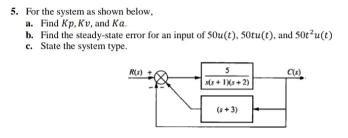 5. For the system as shown below,
a. Find Kp, Kv, and Ka.
b. Find the steady-state error for an input of 50u(t), 50tu(t), and 50t2u(t)
c. State the system type.
R(s)
5
C(s)
s(s + 1)(s + 2)
(s + 3)
