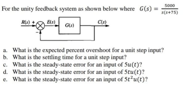 5000
For the unity feedback system as shown below where G(s)
%3D
s(s+75)
R(s)
E(s)
C(s)
G(s)
a. What is the expected percent overshoot for a unit step input?
b. What is the settling time for a unit step input?
c. What is the steady-state error for an input of 5u(t)?
d. What is the steady-state error for an input of 5tu(t)?
e. What is the steady-state error for an input of 5t²u(t)?
