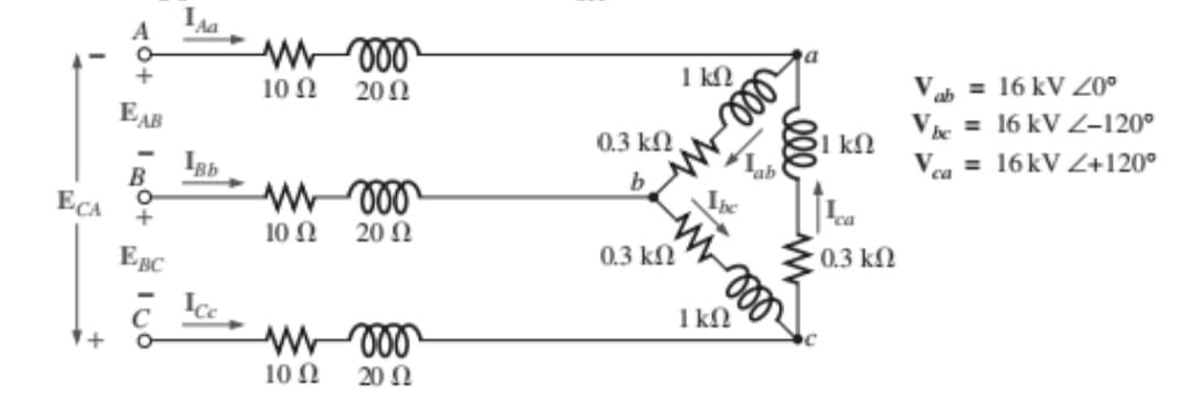 A
Ia
ll
$1 kM
1 kN
Vab = 16 kV 20°
Vc = 16 kV Z-120°
Vea = 16kV Z+120°
10Ω
20Ω
EAB
0.3 kN
B
ECA
b
ca
10 0
20 0
EBC
0.3 kN
0.3 kn
ICce
1 kN
+1
10 0
20Ω
