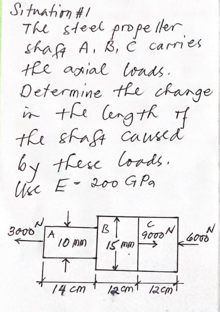 Si tuation #1
The steel prope ller.
shaff A, Š, č carries
the axial oads.
Determine the change
in the leng th I
the sfaft Caused
by these lords,
Use E- 200 G Pg
3000
A
10 Mの
900'
6000
IS mm
emt amt 12ent
12cm
