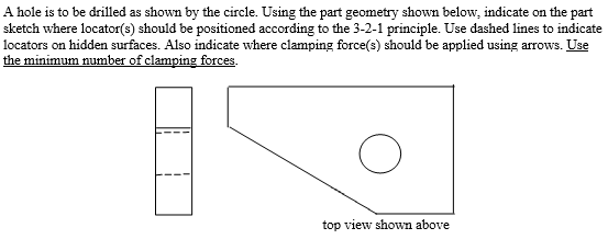 A hole is to be drilled as shown by the circle. Using the part geometry shown below, indicate on the part
sketch where locator(s) should be positioned according to the 3-2-1 principle. Use dashed lines to indicate
locators on hidden surfaces. Also indicate where clamping force(s) should be applied using arrows. Use
the minimum number of clamping forces.
