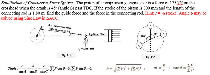 Equilibrium of Concurrent Force System. The piston of a reciprocating engine exerts a force of 175 kN on the
crosshead when the crank is 45° (angle B) past TDC. If the stroke of the piston is 800 mm and the length of the
connecting rod is 1.80 m, find the guide force and the force in the connecting rod. Hint: 1=½ stroke; Angle o may be
solved using Sine Law in AACO.
K= Compressive Force
in the connecting Rod
E= Piston Effort
70
120
F, = Guide Force
Fig. P-1
Fig. P-2
a
Tools:
EF cos0=0; F sin .=0.
R = Ev)* + (E#): ;
R
771 =-
: tane =
sin A sin B sin C
