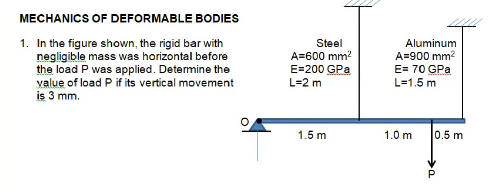 MECHANICS OF DEFORMABLE BODIES
1. In the figure shown, the rigid bar with
negligible mass was horizontal before
the load P was applied. Determine the
value of load P if its vertical movement
is 3 mm.
Steel
Aluminum
A=600 mm?
E=200 GPa
L=2 m
A=900 mm2
E= 70 GPa
L=1.5 m
1.5 m
1.0 m
0.5 m

