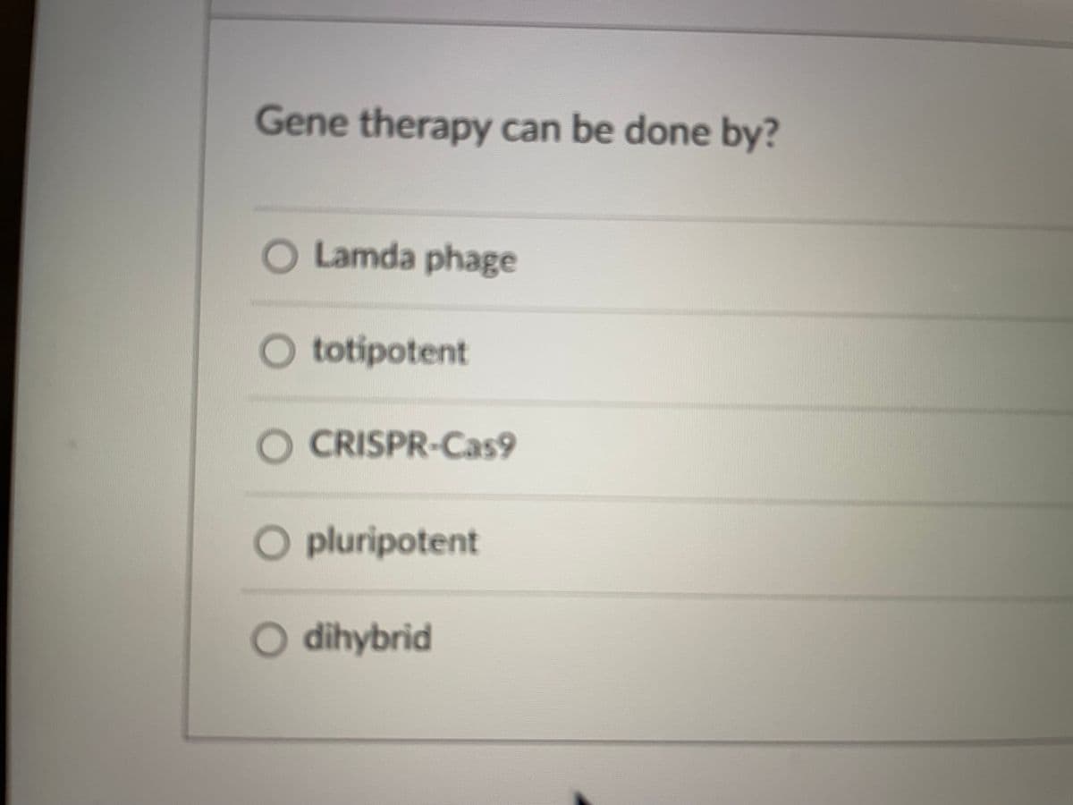 Gene therapy can be done by?
O Lamda phage
O totipotent
O CRISPR-Cas9
O pluripotent
O dihybrid
