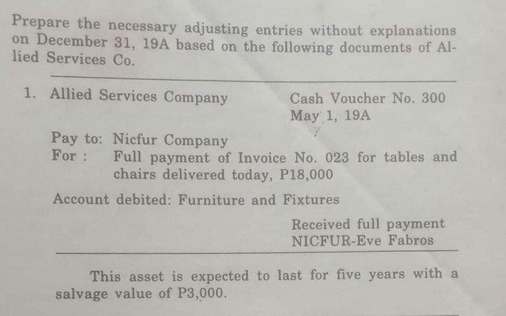 Prepare the necessary adjusting entries without explanations
on December 31, 19A based on the following documents of Al-
lied Services Co.
1. Allied Services Company
Pay to: Nicfur Company
For
Cash Voucher No. 300
May 1, 19A
Full payment of Invoice No. 023 for tables and
chairs delivered today, P18,000
Account debited: Furniture and Fixtures
Received full payment
NICFUR-Eve Fabros
This asset is expected to last for five years with a
salvage value of P3,000.