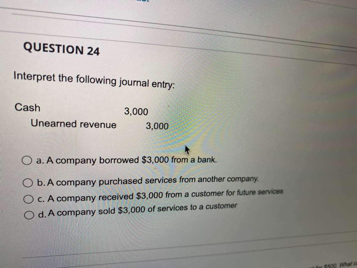 QUESTION 24
Interpret the following journal entry:
Cash
3,000
Unearned revenue
3,000
O a. A company borrowed $3,000 from a bank.
O b.A company purchased services from another company.
O C. A company received $3,000 from a customer for future services
O d. A company sold $3,000 of services to a customer
t for $500. What ca
