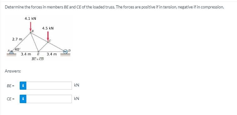 Determine the forces in members BE and CE of the loaded truss. The forces are positive if in tension, negative if in compression.
4.1 kN
4.5 kN
2.7 m
40
3.4 m
3.4 m
BC = CD
Answers:
BE =
kN
CE =
kN
