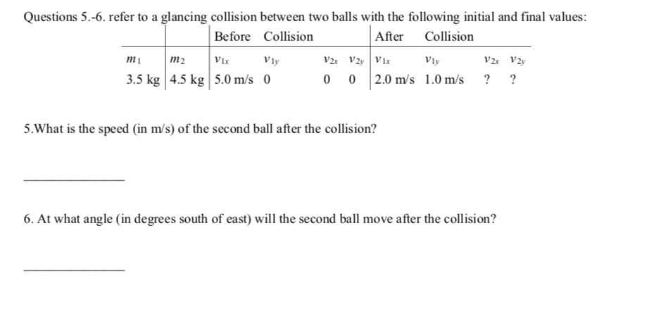 Questions 5.-6. refer to a glancing collision between two balls with the following initial and final values:
Before Collision
|After
Collision
m2
VIx
Vly
V2x V2y Vlx
Vly
V2x V2y
3.5 kg 4.5 kg 5.0 m/s 0
0 0 2.0 m/s 1.0 m/s ? ?
5.What is the speed (in m/s) of the second ball after the collision?
6. At what angle (in degrees south of east) will the second ball move after the collision?
