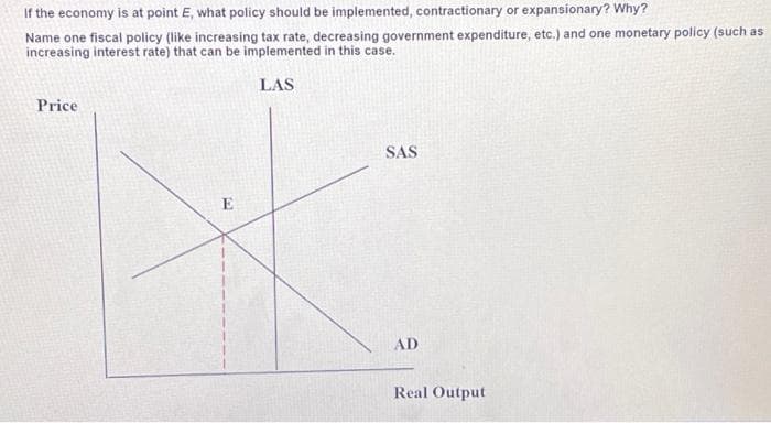 If the economy is at point E, what policy should be implemented, contractionary or expansionary? Why?
Name one fiscal policy (like increasing tax rate, decreasing government expenditure, etc.) and one monetary policy (such as
increasing interest rate) that can be implemented in this case.
LAS
Price
E
SAS
AD
Real Output