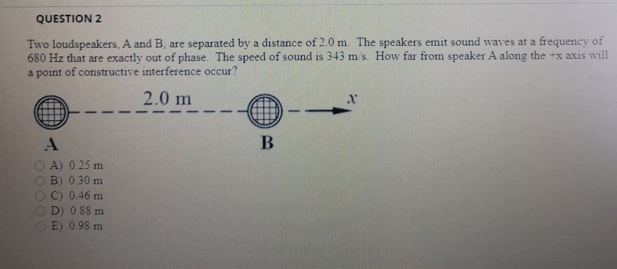 QUESTION 2
Two loudspeakers, A and B, are separated by a distance of 2.0 m. The speakers emit sound waves at a frequency of
680 Hz that are exactly out of phase. The speed of sound is 343 m s. How far from speaker A along the +x axis will
a point of constructive interference occur?
IS.
2.0 m
A) 0.25 m
O B) 0.30 m
O C) 0.46 m
D) 0.88 m
E) 0.98 m
