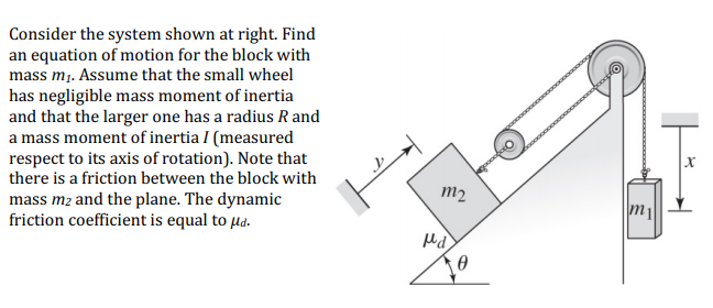 Consider the system shown at right. Find
an equation of motion for the block with
mass m,. Assume that the small wheel
has negligible mass moment of inertia
and that the larger one has a radius R and
a mass moment of inertia I (measured
respect to its axis of rotation). Note that
there is a friction between the block with
m2
mass m2 and the plane. The dynamic
friction coefficient is equal to µa.
m1
Md
