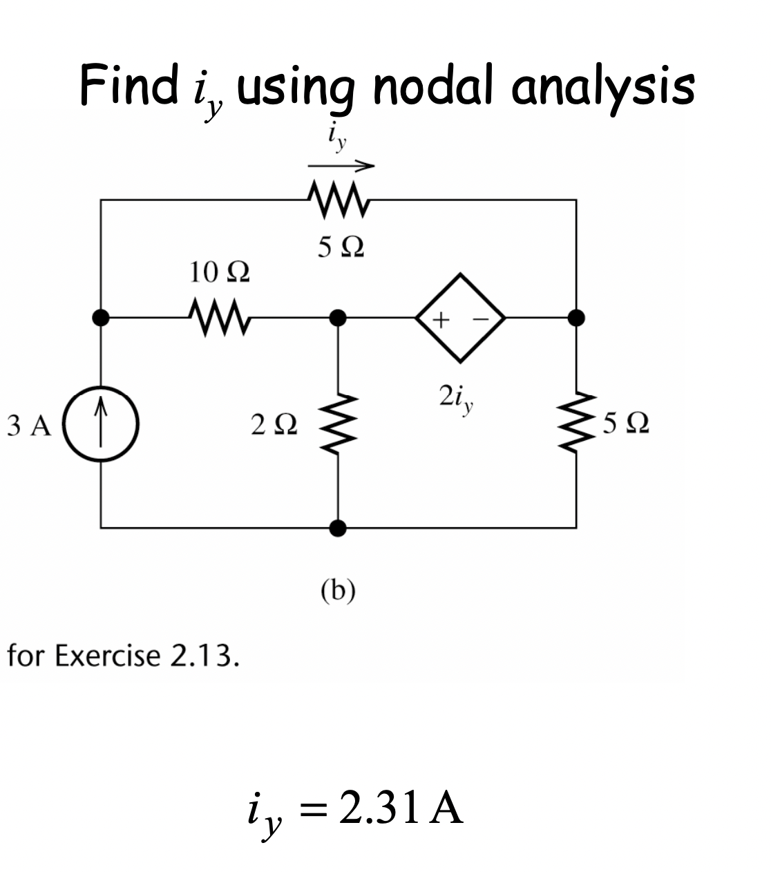 Find i, using nodal analysis
ww
5Ω
3 A ( 1
10 22
www
for Exercise 2.13.
252
(b)
+
2iy
iy = 2.31 A
59