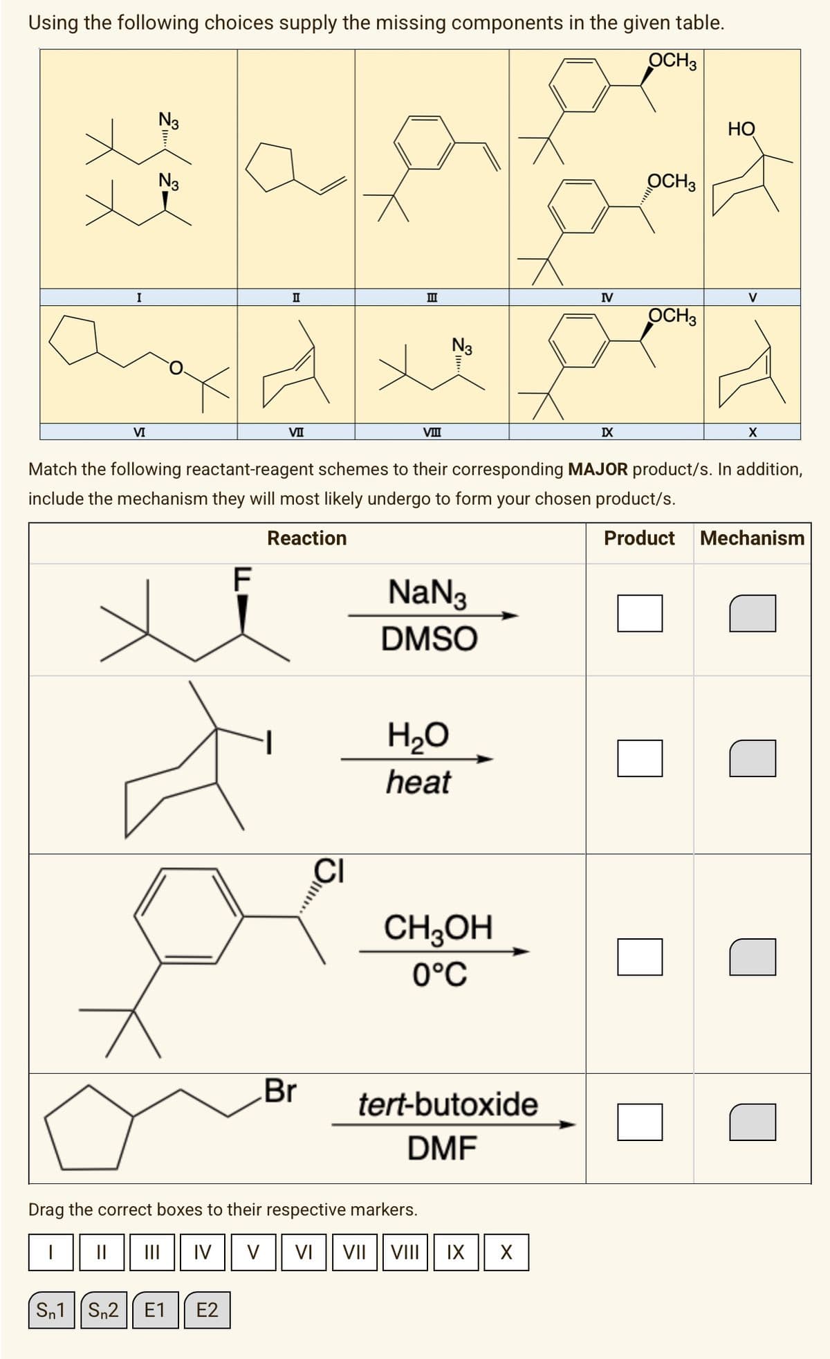 Using the following choices supply the missing components in the given table.
OCH3
I
N3
VI
N3
aad
II
F
VII
Sn1 S₂2 E1 E2
Br
CI
IIII
N3
NaN3
DMSO
H₂O
heat
Drag the correct boxes to their respective markers.
Match the following reactant-reagent schemes to their corresponding MAJOR product/s. In addition,
include the mechanism they will most likely undergo to form your chosen product/s.
Reaction
Product Mechanism
CH3OH
0°C
tert-butoxide
DMF
||| IV V VI VII VIII IX X
IV
IX
OCH 3
OCH 3
HO
V
X