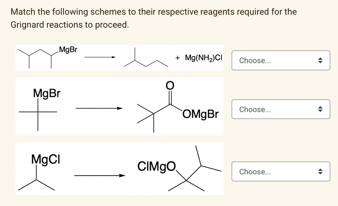 Match the following schemes to their respective reagents required for the
Grignard reactions to proceed.
MgBr
MgBr
MgCl
CIMgO
+ Mg(NH2)CI Choose...
OMgBr
Choose...
Choose...
¶