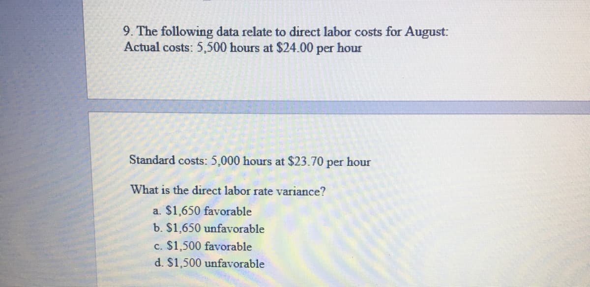 9. The following data relate to direct labor costs for August:
Actual costs: 5,500 hours at $24.00 per hour
Standard costs: 5,000 hours at $23.70 per hour
What is the direct labor rate variance?
a. $1,650 favorable
b. $1,650 unfavorable
c. $1,500 favorable
d. $1,500 unfavorable
