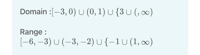 Domain :[-3,0) U (0, 1) U {3U (, ∞0)
Range:
[-6, -3) U (-3,-2) U {-1U (1, ∞)