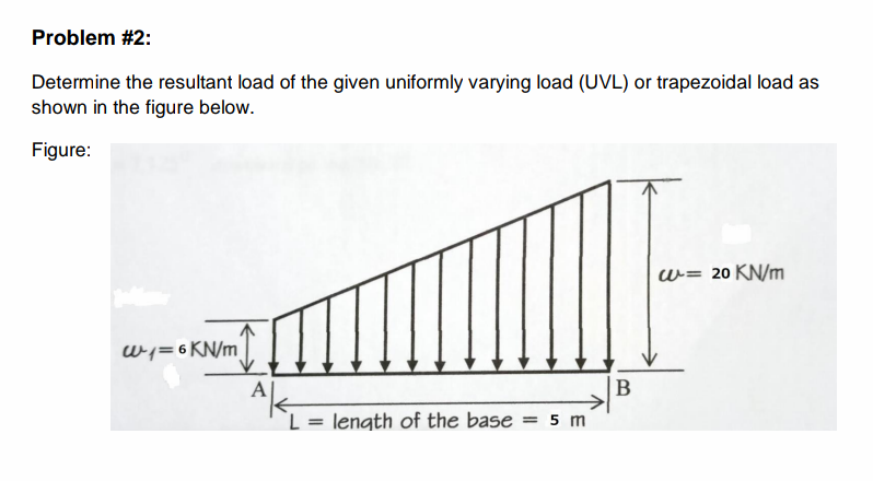 Problem #2:
Determine the resultant load of the given uniformly varying load (UVL) or trapezoidal load as
shown in the figure below.
Figure:
W= 20 KN/m
wj=6 KN/m
A
B
length of the base = 5 m
%3D
