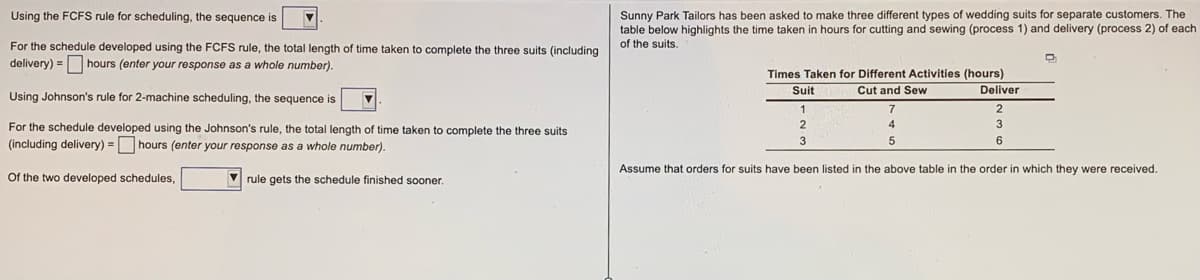 Using the FCFS rule for scheduling, the sequence is
Sunny Park Tailors has been asked to make three different types of wedding suits for separate customers. The
table below highlights the time taken in hours for cutting and sewing (process 1) and delivery (process 2) of each
For the schedule developed using the FCFS rule, the total length of time taken to complete the three suits (including
of the suits.
delivery) =
hours (enter your response as a whole number).
Times Taken for Different Activities (hours)
Deliver
Suit
Cut and Sew
Using Johnson's rule for 2-machine scheduling, the sequence is
1
2.
For the schedule developed using the Johnson's rule, the total length of time taken to complete the three suits
3
(including delivery) = hours (enter your response as a whole number).
Assume that orders for suits have been listed in the above table in the order in which they were received.
Of the two developed schedules,
V rule gets the schedule finished sooner.
