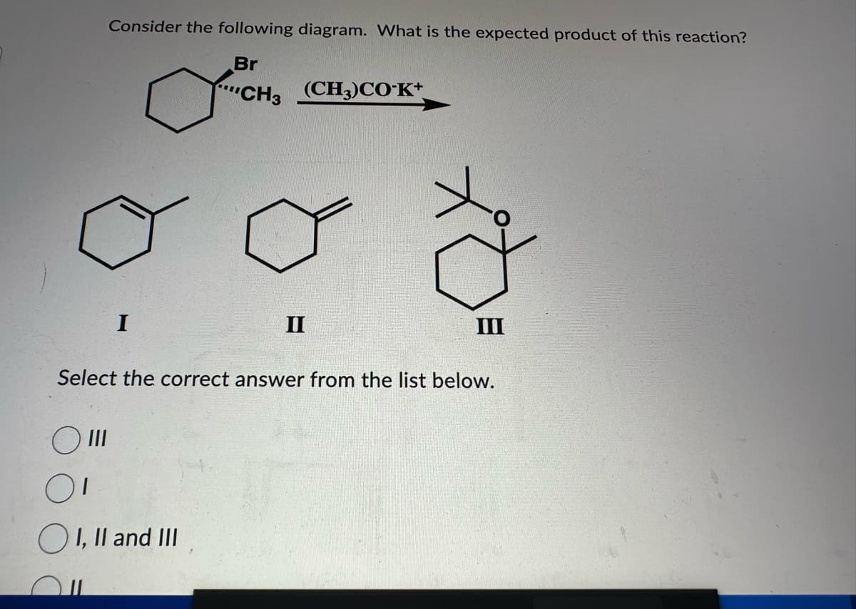 Consider the following diagram. What is the expected product of this reaction?
Br
CH, (CH3)COK*
I
III
II
Select the correct answer from the list below.
I, II and III
III