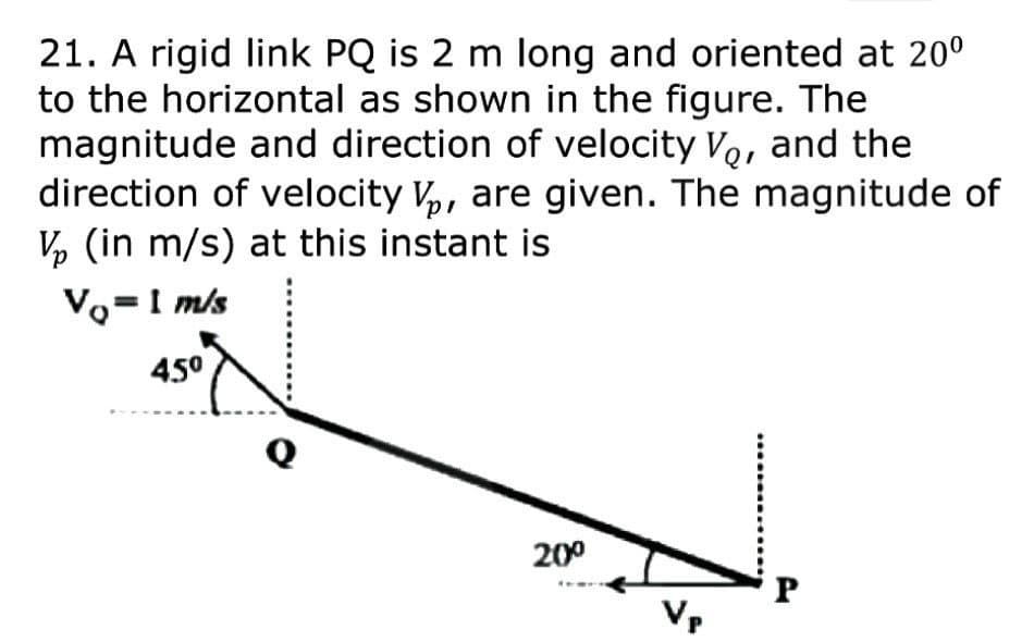 21. A rigid link PQ is 2 m long and oriented at 20°
to the horizontal as shown in the figure. The
magnitude and direction of velocity Vo, and the
direction of velocity V,, are given. The magnitude of
V, (in m/s) at this instant is
Vo=1 m/s
450
Q
200
P
Vp
