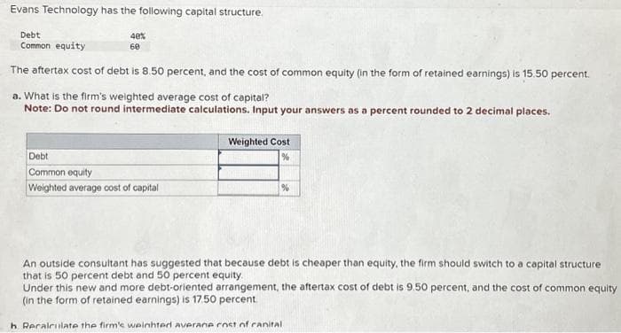 Evans Technology has the following capital structure.
Debt
Common equity
The aftertax cost of debt is 8.50 percent, and the cost of common equity (in the form of retained earnings) is 15.50 percent.
a. What is the firm's weighted average cost of capital?
Note: Do not round intermediate calculations. Input your answers as a percent rounded to 2 decimal places.
48%
60
Debt
Common equity
Weighted average cost of capital
Weighted Cost
%
%
An outside consultant has suggested that because debt is cheaper than equity, the firm should switch to a capital structure
that is 50 percent debt and 50 percent equity.
Under this new and more debt-oriented arrangement, the aftertax cost of debt is 9.50 percent, and the cost of common equity
(in the form of retained earnings) is 17.50 percent.
b. Recalculate the firm's weighted average cost of canital