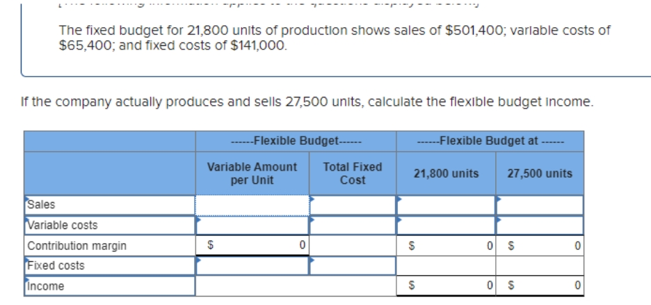 The fixed budget for 21,800 units of production shows sales of $501,400; variable costs of
$65,400; and fixed costs of $141,000.
If the company actually produces and sells 27,500 units, calculate the flexible budget income.
......Flexible Budget------
--Flexible Budget at
Sales
Variable costs
Contribution margin
Fixed costs
Income
Variable Amount
per Unit
Total Fixed
Cost
21,800 units 27,500 units
69
$
0
0 $
0
S
0 $
0
