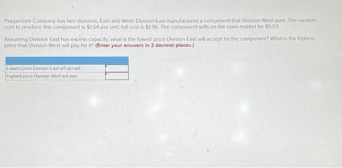 Peppertree Company has two divisions, East and West. Division East manufactures a component that Division West uses. The variable
cost to produce this component is $1.54 per unit; full cost is $1.96, The component sells on the open market for $5.07.
Assuming Division East has excess capacity, what is the lowest price Division East will accept for the component? What is the highest
price that Division West will pay for it? (Enter your answers in 2 decimal places.)
Lowest price Division East will accept
Highest price Division West will pay