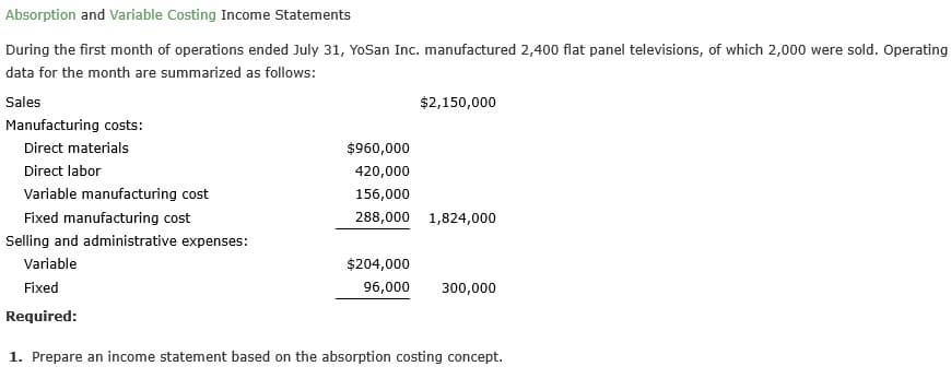 Absorption and Variable Costing Income Statements
During the first month of operations ended July 31, YoSan Inc. manufactured 2,400 flat panel televisions, of which 2,000 were sold. Operating
data for the month are summarized as follows:
Sales
$2,150,000
Manufacturing costs:
Direct materials
$960,000
Direct labor
420,000
Variable manufacturing cost
156,000
288,000 1,824,000
Fixed manufacturing cost
Selling and administrative expenses:
Variable
$204,000
Fixed
96,000
300,000
Required:
1. Prepare an income statement based on the absorption costing concept.
