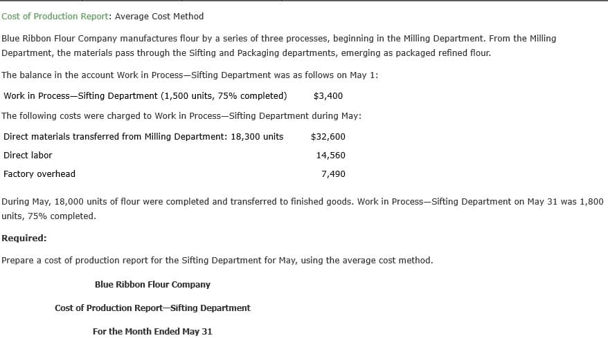Cost of Production Report: Average Cost Method
Blue Ribbon Flour Company manufactures flour by a series of three processes, beginning in the Milling Department. From the Milling
Department, the materials pass through the Sifting and Packaging departments, emerging as packaged refined flour.
The balance in the account Work in Process-Sifting Department was as follows on May 1:
Work in Process-Sifting Department (1,500 units, 75% completed)
$3,400
The following costs were charged to Work in Process-Sifting Department during May:
Direct materials transferred from Milling Department: 18,300 units
$32,600
Direct labor
14,560
Factory overhead
7,490
During May, 18,000 units of flour were completed and transferred to finished goods. Work in Process-Sifting Department on May 31 was 1,800
units, 75% completed.
Required:
Prepare a cost of production report for the Sifting Department for May, using the average cost method.
Blue Ribbon Flour Company
Cost of Production Report-Sifting Department
For the Month Ended May 31
